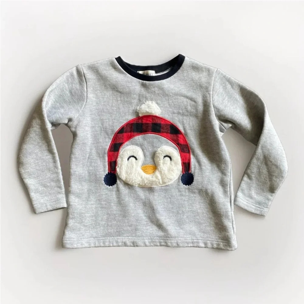Kit + Pearl Shirt Kids top Snow Penguin Long Sleeve Size 4T Gray & Red Cute
